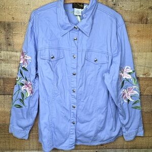 BOB MACKIE Jacket Purple 1XL Plus Size Feminine Shirt Embroidered Lilies Floral